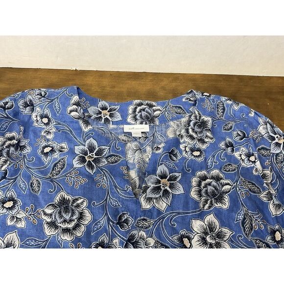 J.Jill Love Linen Blue Floral 3/4 Sleeve Relaxed Fit Popover Top Size Large - Picture 3 of 9